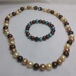 Gorgeous Large Honora Ringed Pearl Necklace & Bonus Bracelet Multi Colored 925 - Picture 1 of 2
