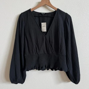 Madewell Gray Lightspun Julianne Smocked Waist Top Women's Large NWT - Picture 1 of 6