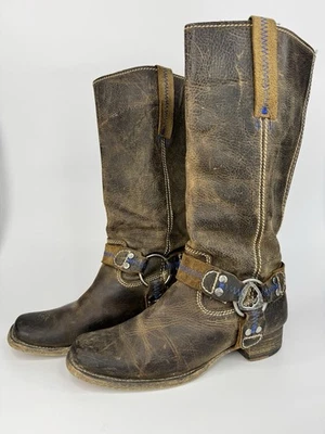 Bed|Stü Womens Leather Harness Boots 7 Brown Distressed Western Moto Made In Mex - Image 1 of 4