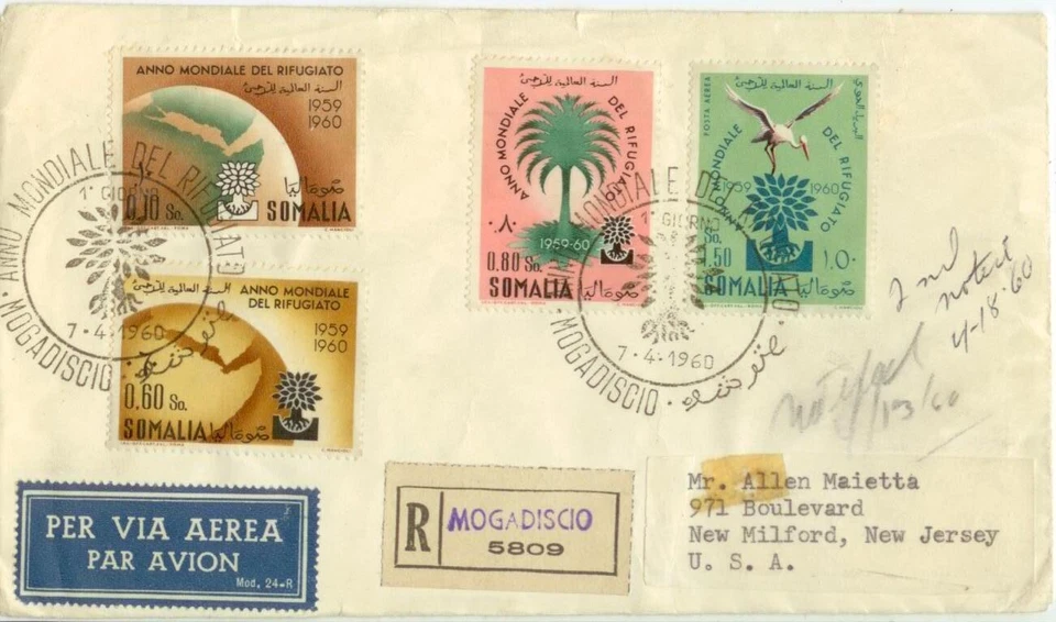 1960 Mogadiscio Somália Ano Mundial dos Refugiados FDC - Sc 239-41, C67 - Imagem 1 de 1
