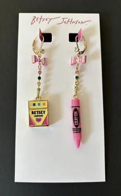Betsey Johnson CRAYON & BOX EARRINGS Mismatch Drop w/ Rhinestones & Pink Bow NEW - Image 1 of 3