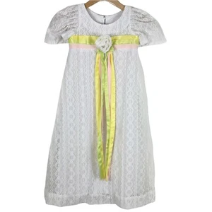 Vintage Childs Dress 4T Handmade Lace Ribbons White Short Sleeve FLAWED - Picture 1 of 6