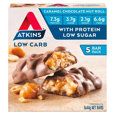 Atkins Low Carb Caramel Chocolate Nut Roll 5 X 44g Bars P7.3G C3.7G S2.1G F6.6G • 7.86€