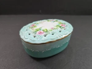 Porzellan Schmuckschatulle handbemalt blau rosa floral signiert Maryann Riegel 2005 - Bild 1 von 13