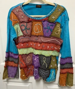 Top Y2K Rising International taglia M colorato Boho Hippie patchwork geometrico CE - Foto 1 di 9