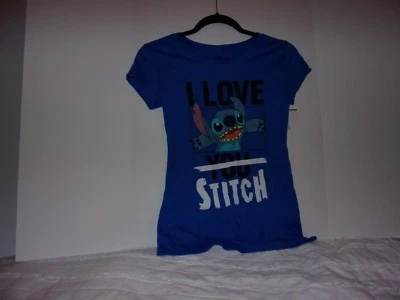 Disney: Girls/Juniors XS (1) Blue, I Love You Stitch, T-Shirt / Brand New - Image 1 of 2