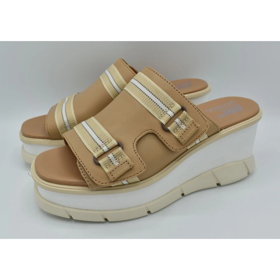Sorel Women Size 8.5 Joanie III Beige Chalk Wedge Slide Platform Leather Sandals