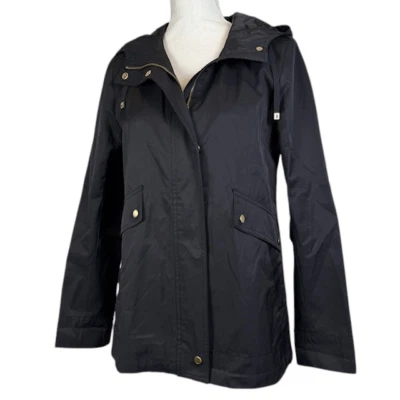 Chaqueta cortavientos para mujer Cole Haan forrada negra dorada herrajes talla pequeña Foto 1 de 4