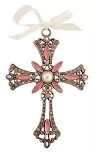 Decorative Cross Ornament Burgundy Swirled Paint and Rhinestones - Picture 1 of 1