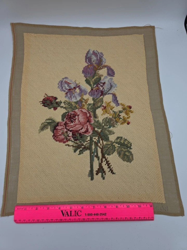 Vintage Iris Rose Flower  Needlepoint Tapestry Canvas Panel 13" x 17"  - Image 1 of 4