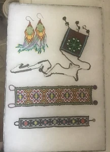 Navajo Tribe Intricate Beadwork; Earrings, Medicine Bag And Bracelets - Picture 1 of 1