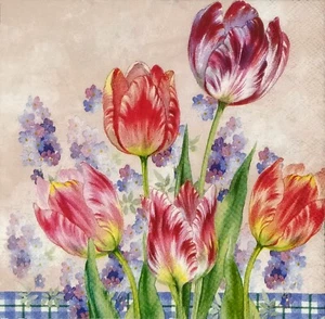 S574# 3 servilletas de papel pequeñas individuales decoupage flores de tulipán rosa y púrpura - Imagen 1 de 5