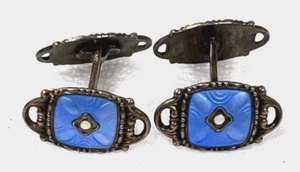 Vintage Sterling Silver Blue Enameled w Moonstone Cufflinks Scroll Details - Picture 1 of 9