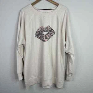 Wildfox Sweatshirt Womens XL Beige Long Sleeve Lips Graphic Oversized Relaxed - Picture 1 of 8