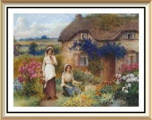 Landscape Art Print by William Affleck THATCHED COTTAGE Victorian Floral Garden - Picture 1 of 1