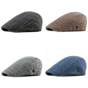 Men's Plaid Cotton Gatsby Cap Golf Driving Cabbie Beret Newsboy Ivy Hat Fashion - Picture 1 of 16