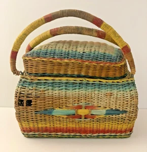 Antique Picnic Woven Wicker Rattan Basket Colorful with Handles and Cover Lid - Picture 1 of 7