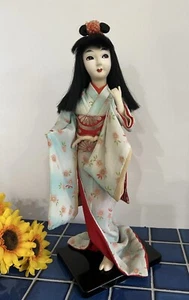 Vintage 14" Japanese Geisha Doll Painted Cloth Face Silk Kimono Long Hair - Picture 1 of 12