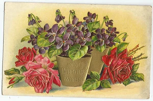 Birthday Pink Red Roses Trimmed in Gold Flowers Vintage Postcard - Picture 1 of 2