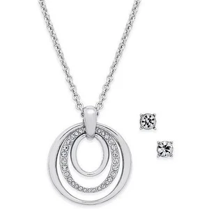 Stunning Crystal Pendant Silver Tone Necklace Earrings (2 Piece Set) Elegant NEW - Picture 1 of 5