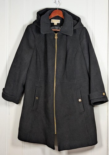 Cappotto donna Michael Kors taglia 1X nero misto lana zip intera tasche con cappuccio