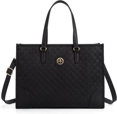 Missnine Laptop Tote Bag for Women 15.6 inch Embossed PU Leather Work Black  - Image 1 of 4