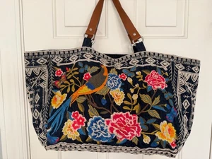 Johnny Was Jasmine Denim bestickt Beuteltasche Handtasche Tasche Blumen Vogel Boho Chic - Bild 1 von 17