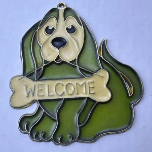 Vintage Suncatcher Window Decoration Green Dog Holding Welcome Bone Sign Acrylic - Picture 1 of 6