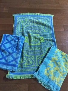 Vintage 3 Vintage 1060er Handtücher grün blau Blumen Fransen Baumwolle Rechteck mcm - Bild 1 von 11