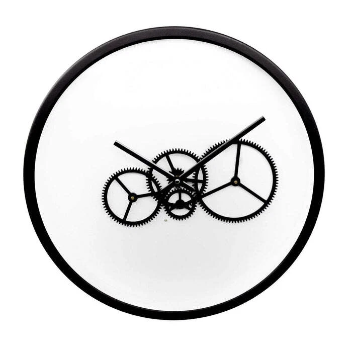 Reloj de pared con movimiento de cuarzo industrial blanco con engranajes a batería en funcionamiento Foto 1 de 3