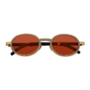 BLING ONE - Rhinestone Retro 90s Round Metal Oval Sunglasses Gold Red Tint - Picture 1 of 10