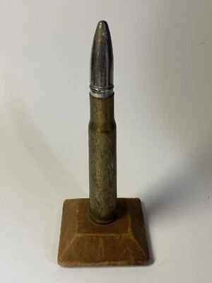 Vintage Adv. Trench Art Bullet Lighter 6” On Wood Base Shaw Barton Coshocton OH - Image 1 of 4