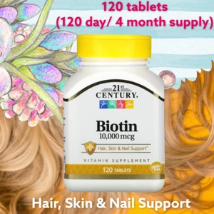 21st CENTURY BIOTIN 10,000 MCG 1 BOTTLE 120 TABLETS HAIR SKIN & NAIL SUP 10000 - Picture 1 of 12