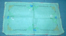 Tablecloth Rectangle 17x10 Embroidered Flowers Vintage Blue Pink Yellow Linen