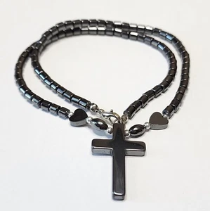 Hematite Stone Cross Pendant Necklace Dark Gray Beads Religious Christian 18" - Picture 1 of 6