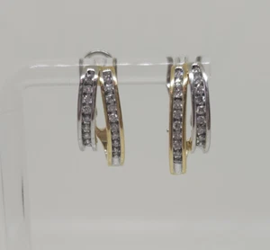 14k Gold Two-Tone Double Hoop Earrings .50 Carats Channel Set Diamond Omega Back - Picture 1 of 19