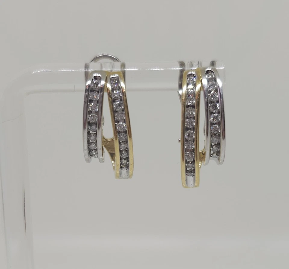 14k Gold Two-Tone Double Hoop Earrings .50 Carats Channel Set Diamond Omega Back - Image 1 of 4