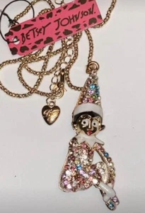 Betsey Johnson Crystal Rhinestone Christmas Elf 3D Shelf Necklace Multi Color 3” - Picture 1 of 5