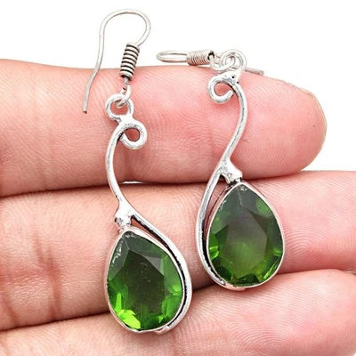 Peridot Quartz Gemstone Handmade Gift For Her Silver Jewelry Earrings 1.5'' - Image 1 of 4