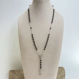 Collana stile rosario perle nere vetro sfaccettato argento sterling 13,25" da appendere - Foto 1 di 11