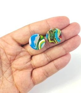 Sobral Magazine Pollock Multicolor Marbled Circle Artist Made Post Earrings - Picture 1 of 6
