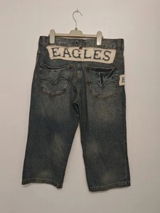 Men's Embroidered Denim Shorts Jorts W33 Baggy Distressed HipHop Y2K Eagles - Picture 1 of 7