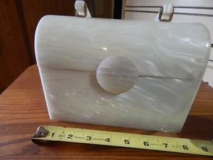 VINTAGE WHITE PEARL MARBLEIZED LUCITE & BRASS BOX PURSE HAND BAG - Picture 1 of 8