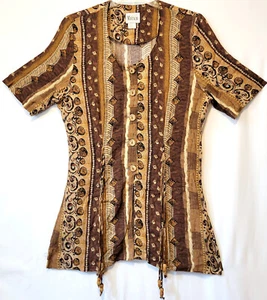 Camicetta donna vintage Maren marrone legno perline nappe motivo righe bottoni taglia 14 - Foto 1 di 20