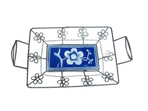 Wire Basket Blue Floral Ceramic Centerpiece Rustic Farmhouse 17 inch - Picture 1 of 10