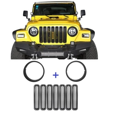 Hooke Road Matte Black Headlight Cover + Grille Mesh Insert Fit 97-06 Jeep TJ Foto 1 de 4