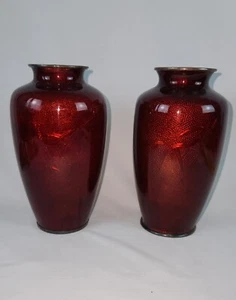 Pair Of Japanese Ginbari Cloisonne Cherry Blossom/Bird Pigeon Blood Vase 7" - Picture 1 of 7