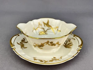 Bernardaud Limoges REINE ELIZABETH Gilt Birds Gravy Boat w/Attached Underplate A - Picture 1 of 15