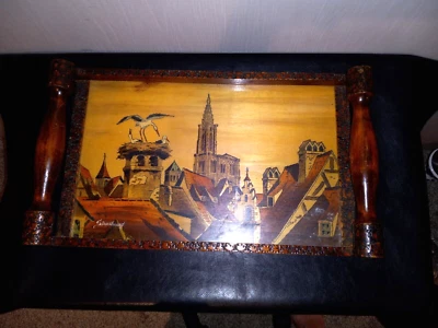 Tray Wooden Carved Signed , Decoration Strasbourg 19" x 16" - Image 1 of 4