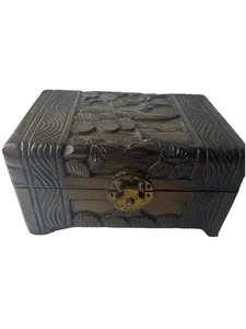 Vintage Asian Dark Bamboo Wood Storage Box Hand Carved Sea Birds Good Condition - Picture 1 of 11
